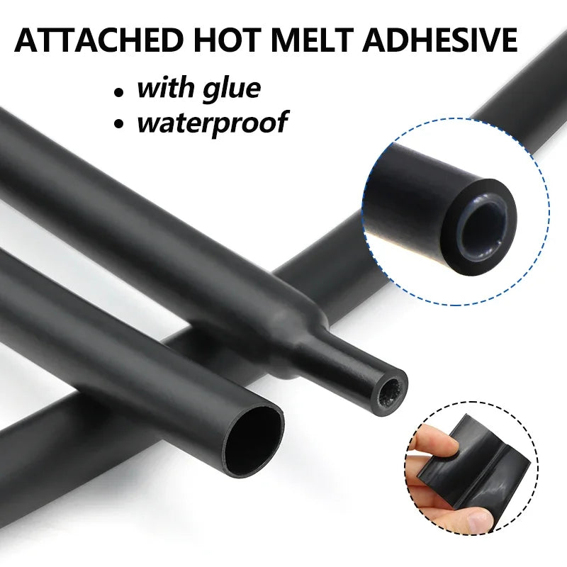 1/2/3M Heat Shrink Tube with Glue 1.6mm - 50mm Black Dual Wall Adhesive Lined Polyolefin Shrinkin Wrap Cable Protect Sleeving