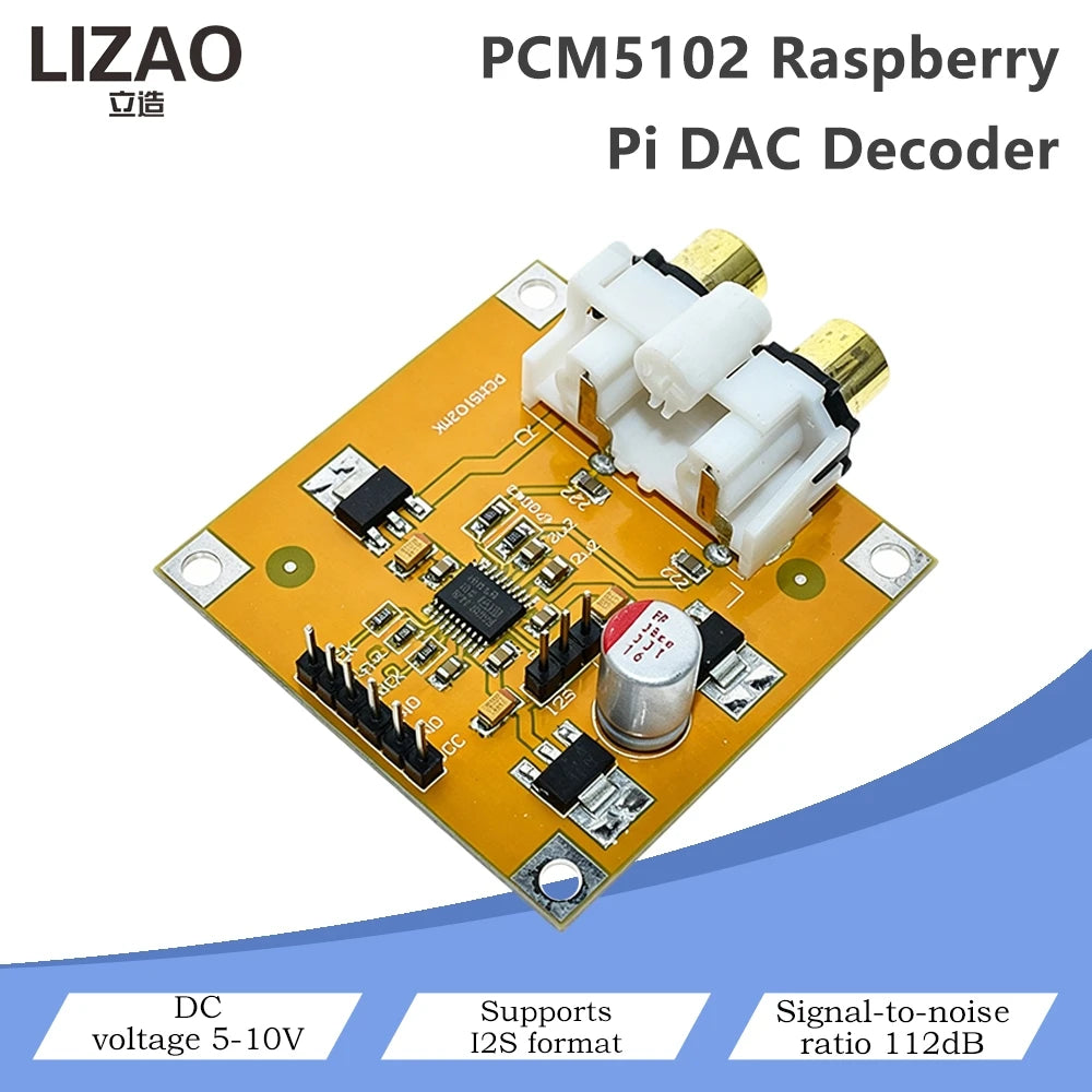 PCM5102 Raspberry Pi DAC Audio Decoder Board I2S Digital Audio Module 112dB SNR DC 5-10V Input Dual RCA Analog Output