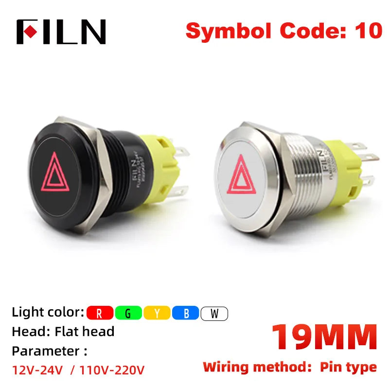 12V 19mm Warning LED Indicator Light Panel Metal Push Button Switch Lock and Momentary on Off with Dash LOGO Symbol
