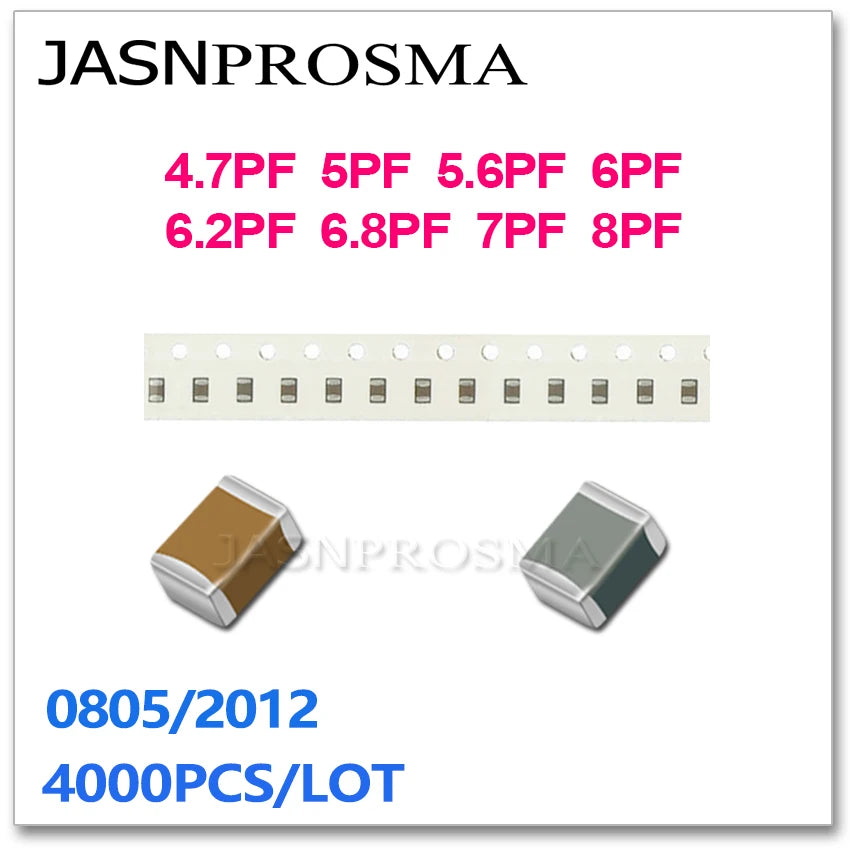JASNPROSMA 4000PCS 0805 2012 COG/NPO RoHS 0.5% 5% 4.7PF 5PF 5.6PF 6PF 6.2PF 6.8PF 7PF 8PF 50V SMD High quality Capacitor