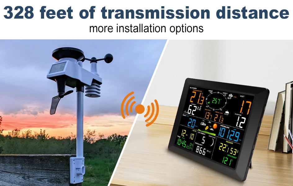 WiFi Weather Station 14-in-1 Wireless with Color Display Real-Time Sync to Weather Underground 100m Range Smart Home Sensor