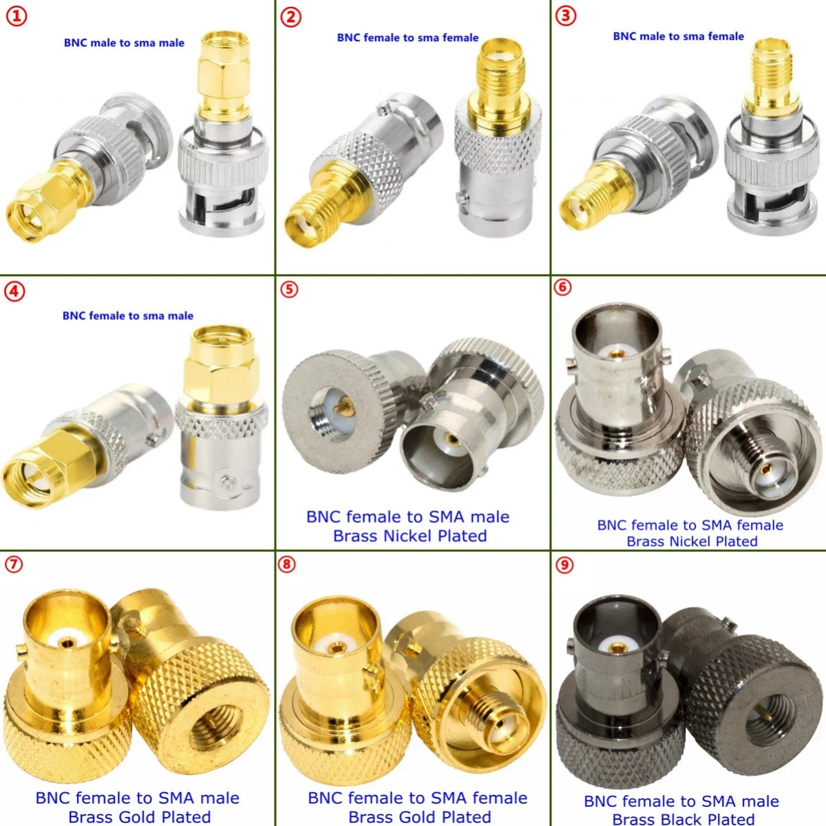 2PCS SMA To BNC Q9  Male Female Disc RF Adapter Center Flange&Bulkhead Connector 50ohm Wire Terminals Brass Nickel Plating