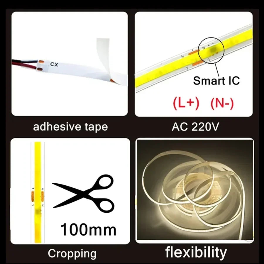 1-5m COB LED Strip 220V Flexible Tape Lights  Light Smart IC No Need Driver High Bright 240 LEDs Linear Lighting RA95 Warm White