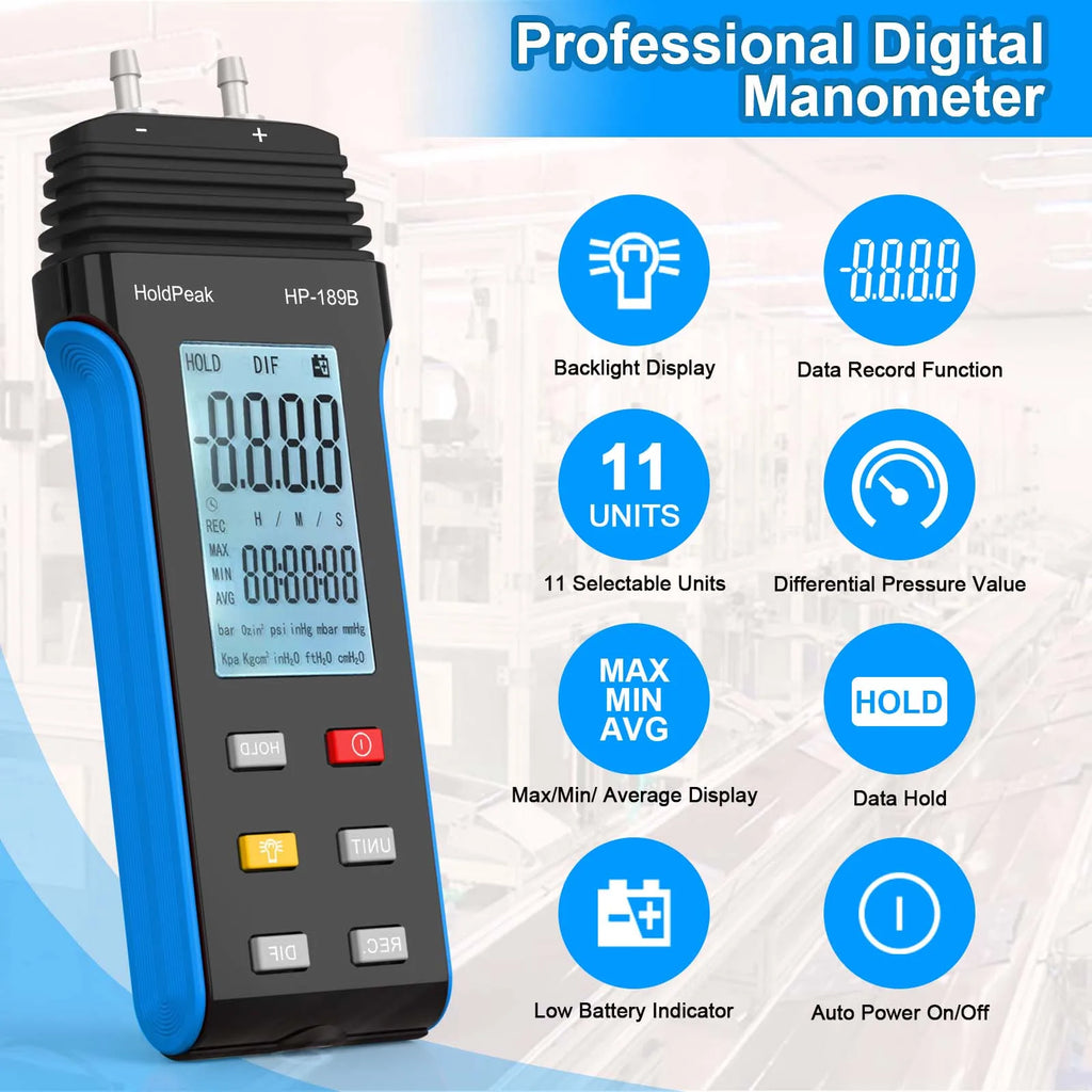 HoldPeak 189B Digital Manometer 11 Units Differential Pressure Gauge MAX/MIN/AVG Backlight for HVAC System