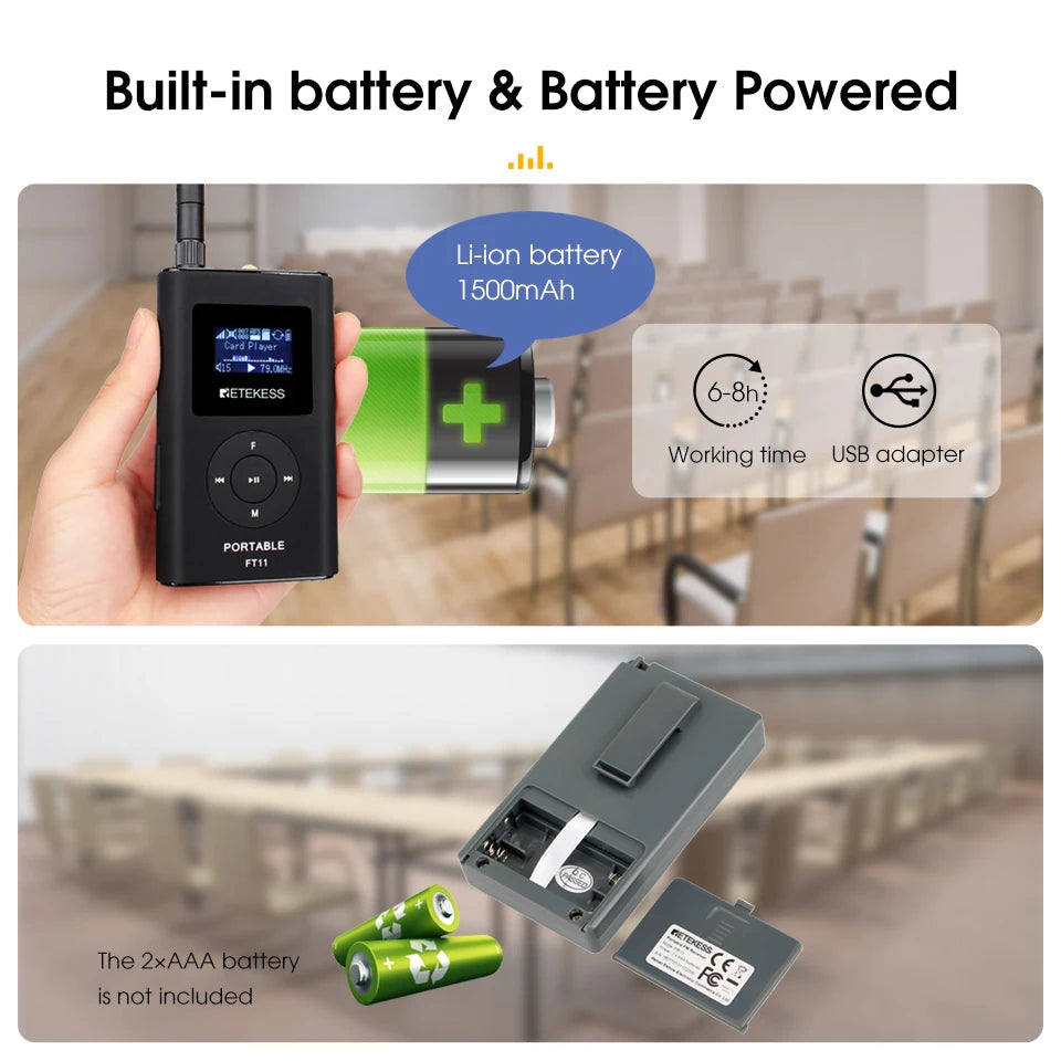 Retekess FT11 0.3W Wireless FM Broadcast Transmitter MP3 Portable for Church Car Meeting Support TF Card AUX Input