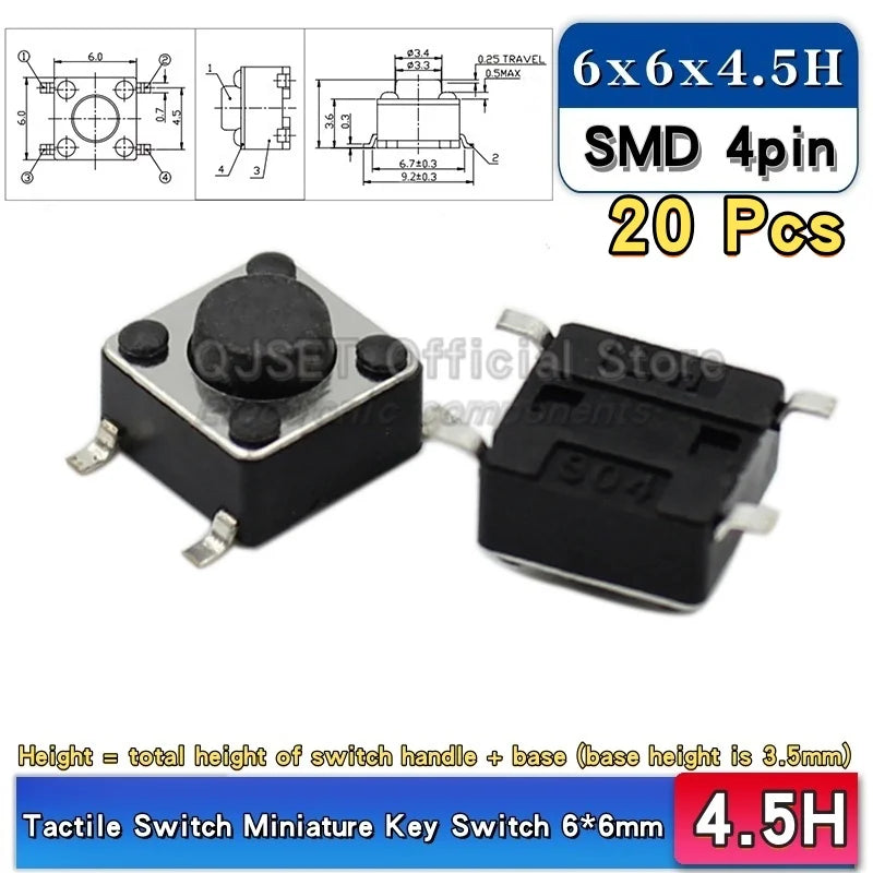 20pcs SMD Tactile Switch 6*6*4.3mm 6x6x5/6/7/8/9/10/11/12/13/14mm 6X6 4-Pin SMT Induction Oven Touch Tactile Button Micro Switch
