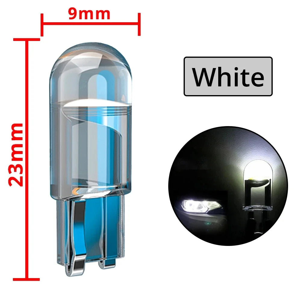 10 Pcs Car LED T10 W5W Canbus Glass COB 6000k Reading Dome Lamp Marker Wedge License PlateLight Bulb 168 194 192 DC 12V White