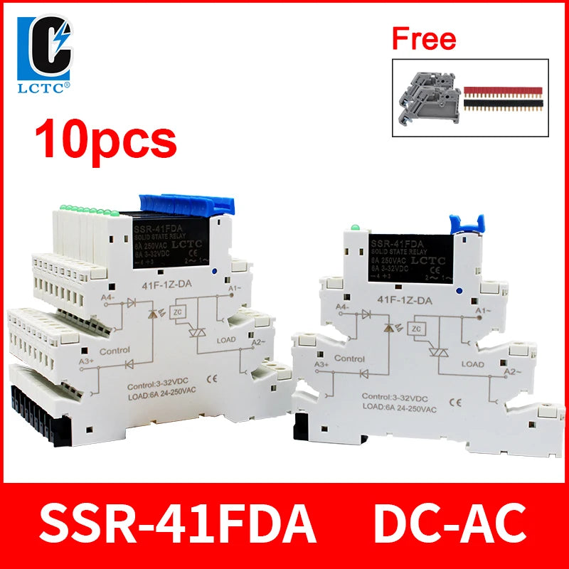 10PCS DIN Rail Mounted Solid State Relay Slim SSR Relay Module DC Control AC DC Control DC 6A SSR-41FDA/DD
