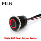 FILN 19MM 20A 12V 24V 110V 220V LATCHING MOMENTARY Flat Ring Round Push Button Switch IP66 Metal Stainless Steel  with 20cm Wire