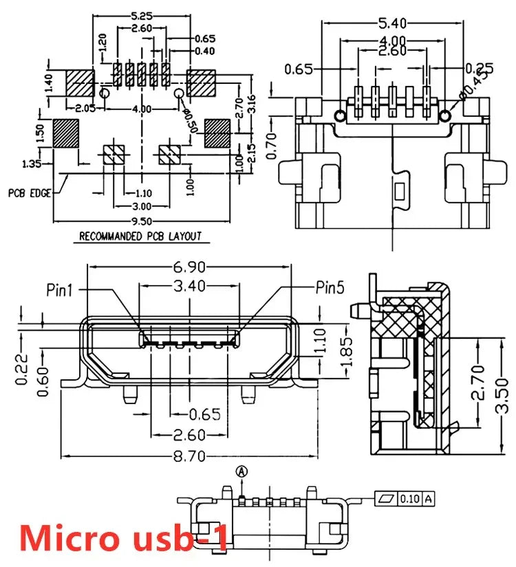 20pcs Micro USB 5 Pin SMT Socket Connector Type B Female Placement DIP SMD USB Charging Adapter Connectors Plug