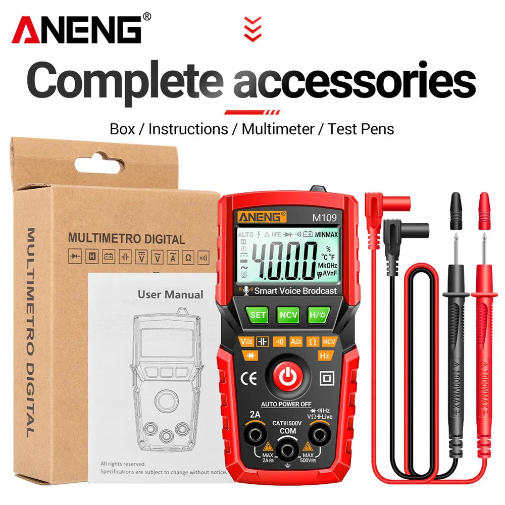 ANENG M109 Smart Multimeter Tester AC/DC Voltage Voice Broadcast Meter NCV Capacitance Continuity Professional Electrical Tools