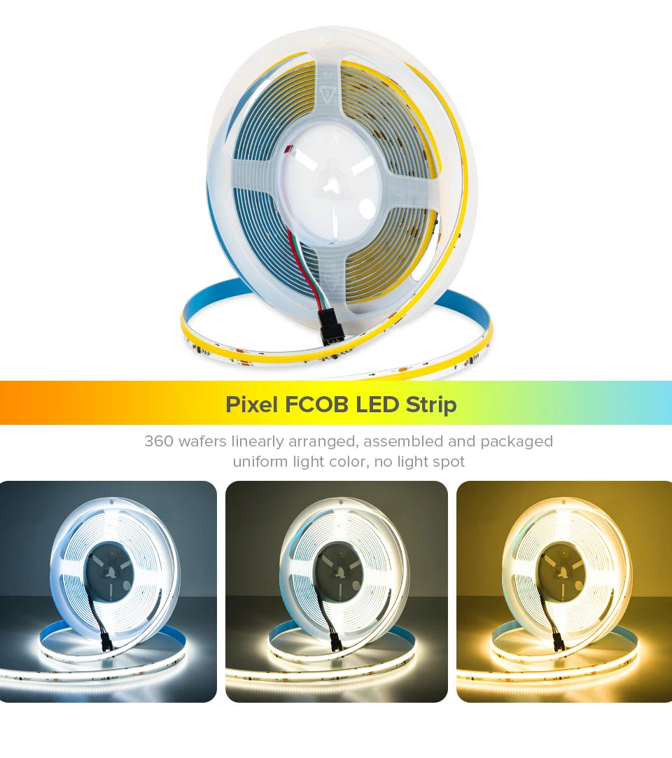 FCOB SPI DIM IC LED Light Strip Addressable 360LEDs 10mm 24V 60W High Density Flexible FOB COB Led Lights RA90 3000K 4000K 6000K