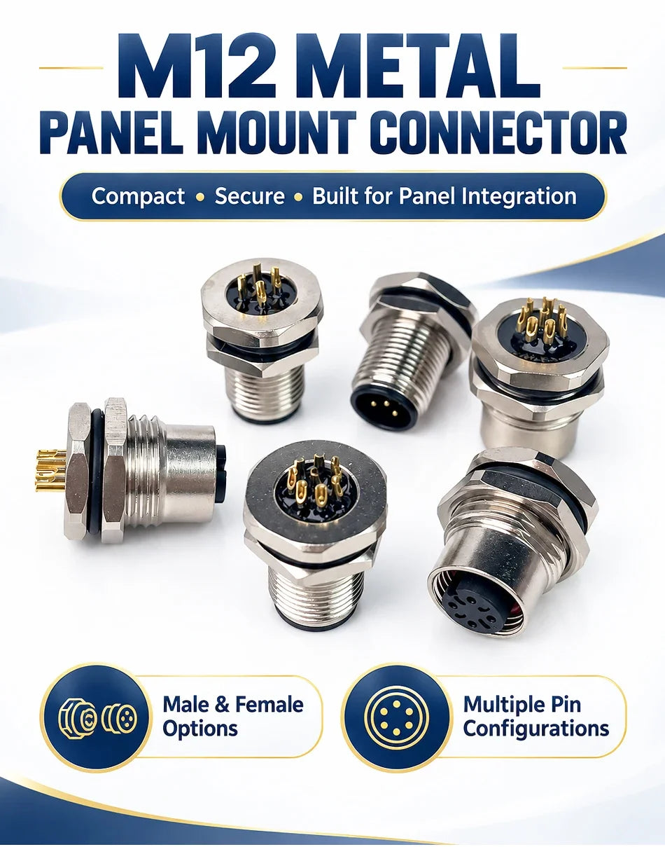 M12 PCB Sensor Connector 4/5/8/12 Pin Male Female Waterproof Circular Socket Front Mount Threaded Nut Flange for Electronics