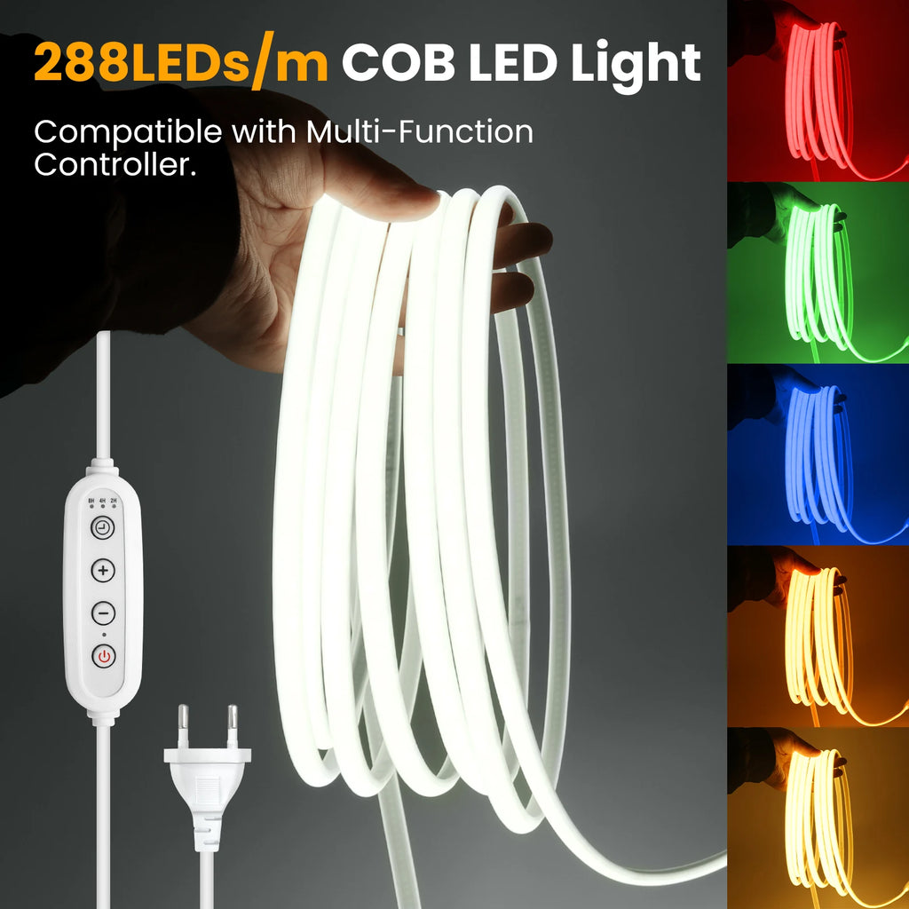 220V COB LED Strip Power EU Plug Dimmable Timer 288LEDs/m Waterproof Neon Light Tape Red Blue Green Pink White Home Garden Decor