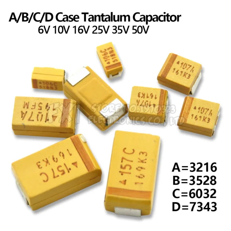 10PCS A B C D Case Tantalum capacitor 6V 10V 16V 25V 35V 50V 0.1UF 1uf 2.2UF 4.7UF 10UF 22UF 33UF 47UF 100UF 220uF 330UF