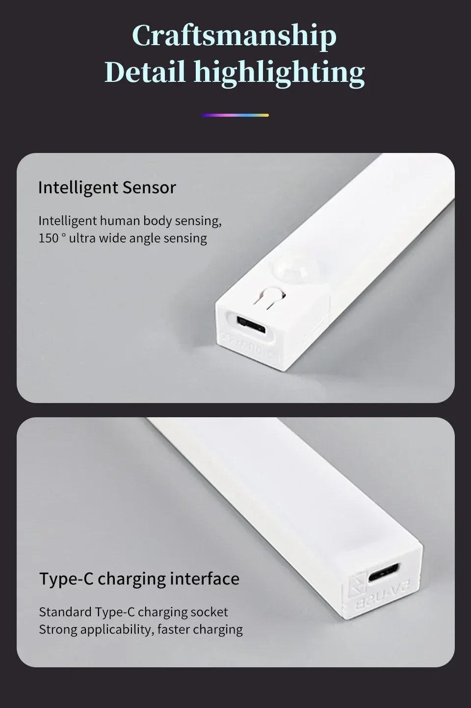 30cm 50cm Magnetic LED RGB Cabinet Light with Motion Sensor USB-C Wireless Night Light with 5 Modes for Closet Gaming Atmosphere