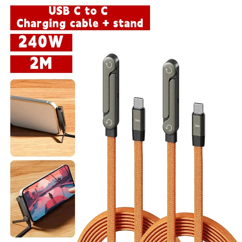 240W 2 in 1 USB C to USB C Fast Charging Foldable Bracket Data Cable Type C Desktop Holder Charging Wire For Iphone17 16 Samsung