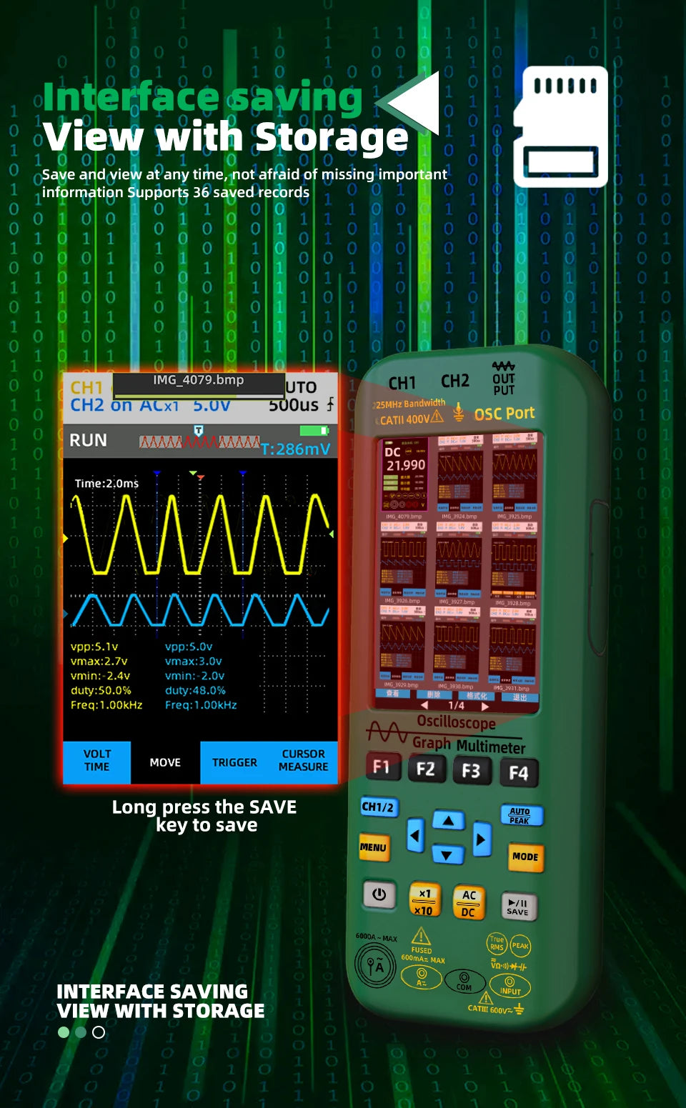 BSIDE 4-IN-1 Handheld Oscilloscope Digital Multimeter+Function Signal Generator Dual Channel O7:25MHz/O9:50MHz Current Tester