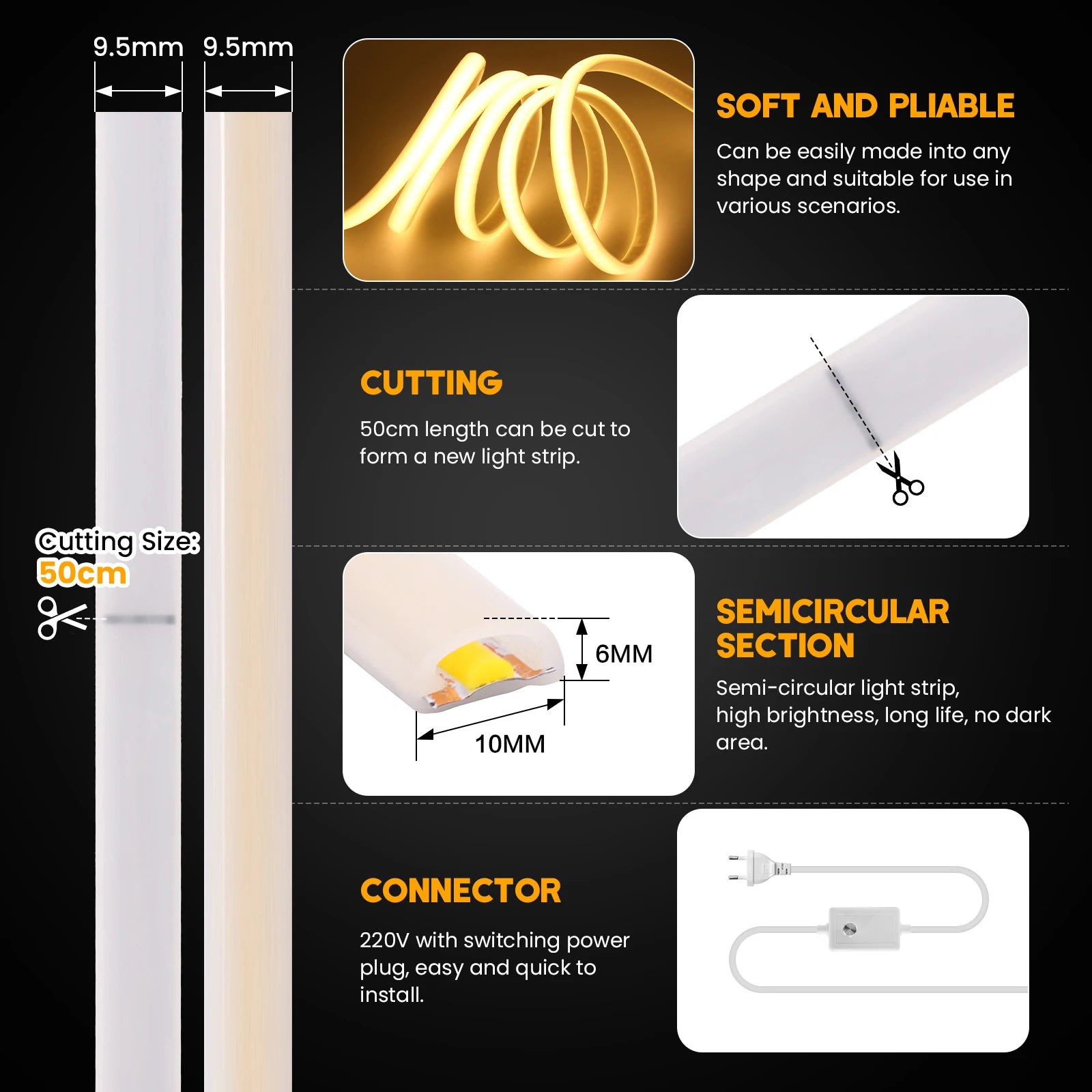 220V COB LED Strip Light With Switch/Dimmer Plug Super Bright 288LEDs/M IP65 3000K 4000K 6000K High Quality Indoor Outdoor Decor