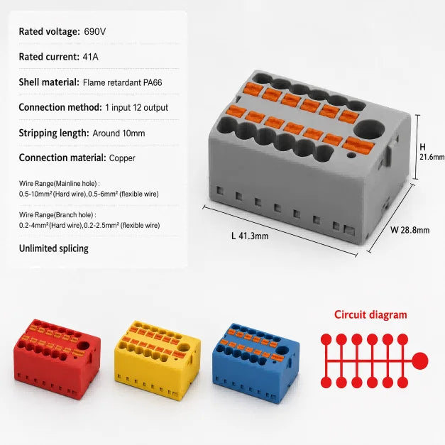 Distribution Terminal Block 1 In 12 Out DIN Rail Push In Electrical Connection Strip 41A 690V Copper Busbar Power Distributor