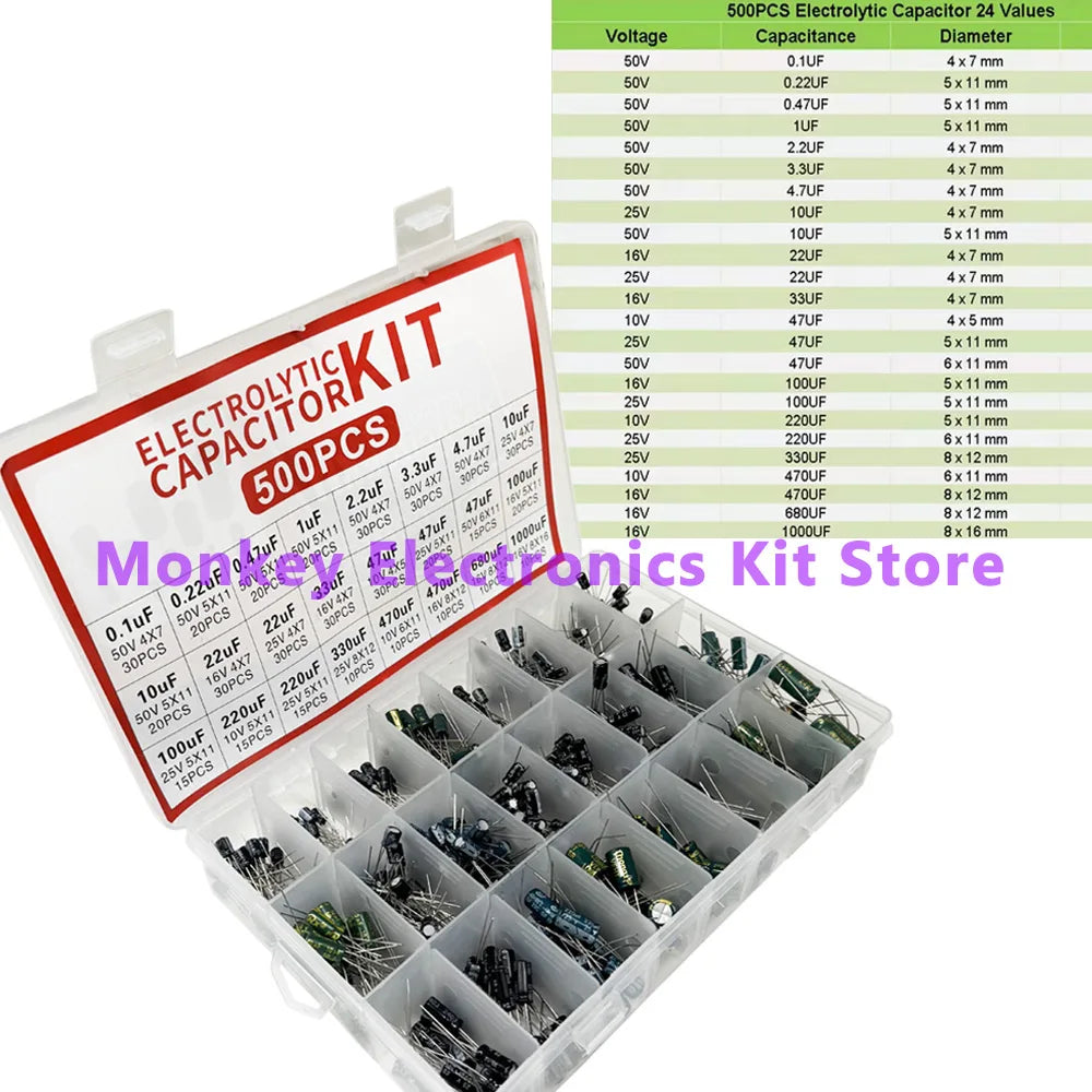 500PCS 0.1uF-1000uf 24Values Electrolytic Capacitor Mixed DIP Electronic Kit Electrolyte Capacitors 10V 16V 25V 50V