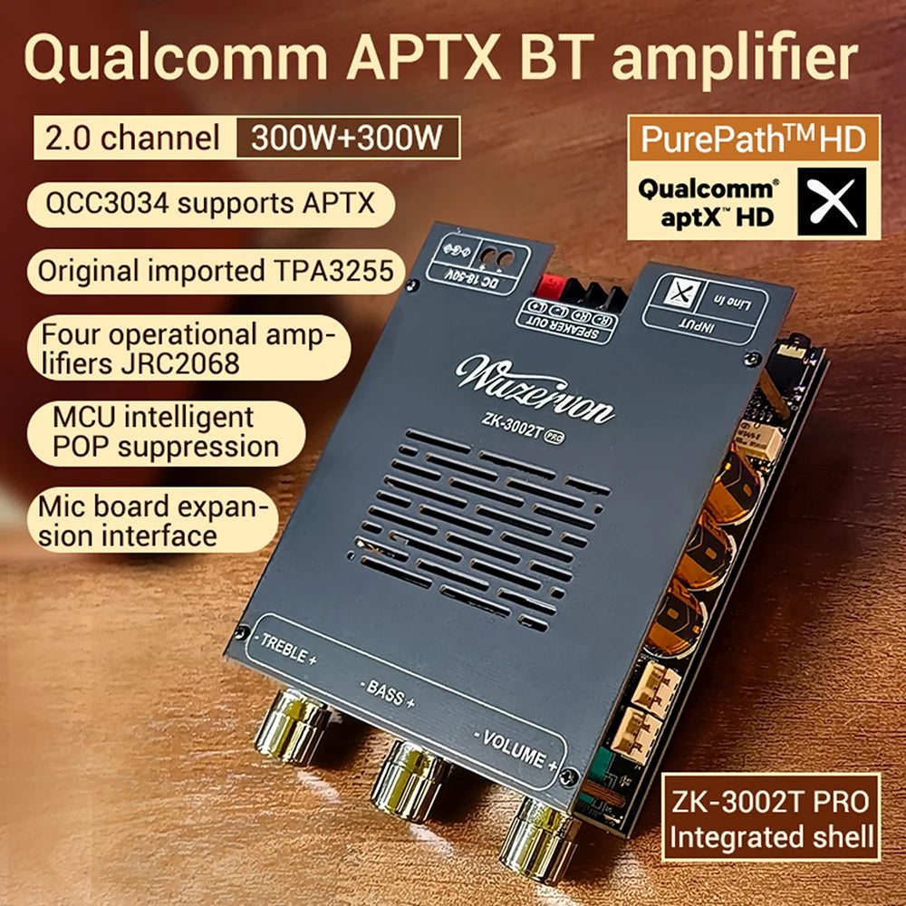 DC 18-50V 3002T PRO Bluetooth Amplifier Board Qualcomm QCC3034 2.0 Channel APTX Lossless 300W+300W TPA3255