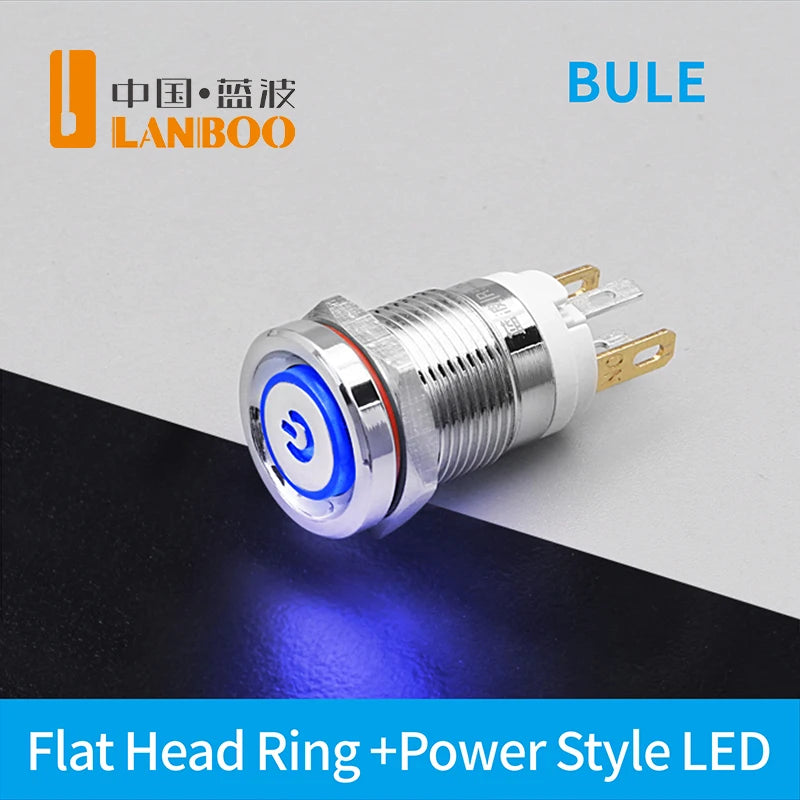 LANBOO 12E 7A High Current 4 Pin Switch Waterproof IP65 Latching or Momentary Micro Metal Push Button Switch with LED 24V220V