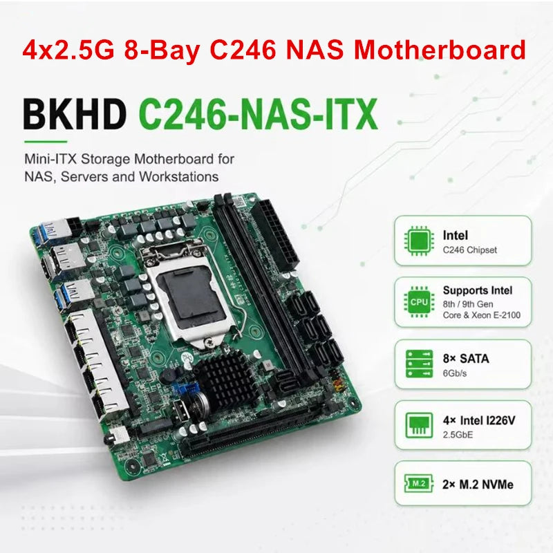 8-Bay C246 ITX NAS Motherboard 4x 2.5G LAN 2*M.2 NVME 8*SATA3.0 2*DDR4 PCIE 16X LGA1151 8th/9th Core Xeon Industrial Mainboard