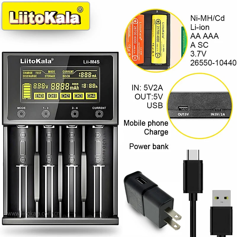LiitoKala for 18650/26650/AA/AAA Li-ion/Ni-MH LCD Display Safe Fast Charging Lii-M4/M4S 4-Slot Smart Charger