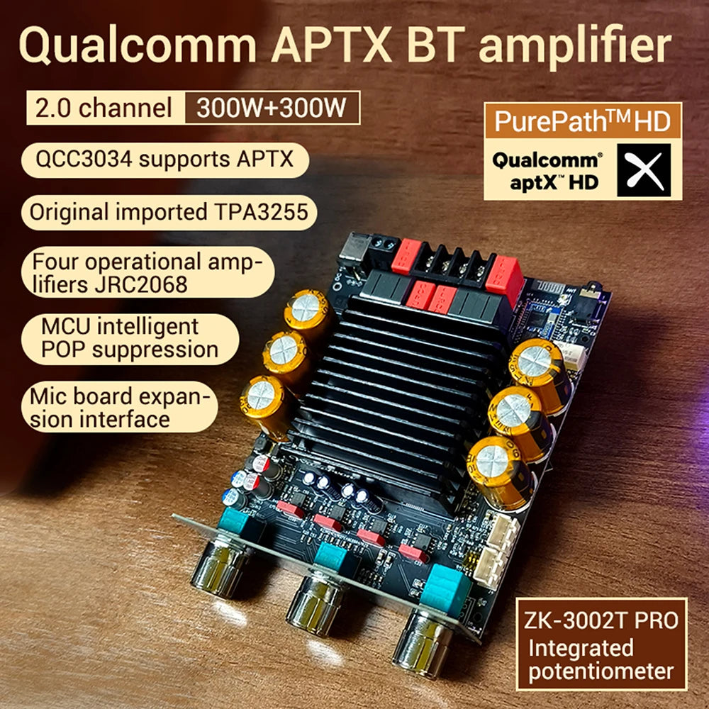 DC 18-50V 3002T PRO Bluetooth Amplifier Board Qualcomm QCC3034 2.0 Channel APTX Lossless 300W+300W TPA3255