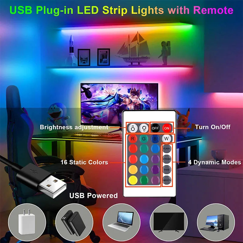 RGB LED Strip Light USB IR Remote Control Music Sync Flexible Self Adhesive Lamp DIY Ornament For Gaming Room Party Decoration
