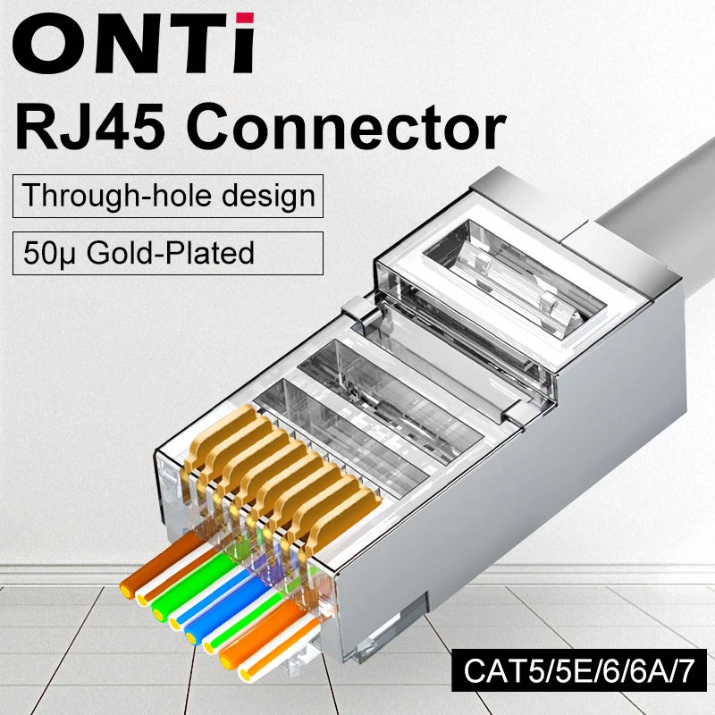 ONTi 10/50/100pcs CAT5E CAT6 CAT7 Plug RJ45 Connector 50U Gold Plated End Pass Through Network Cable Modular 8P8C Connector