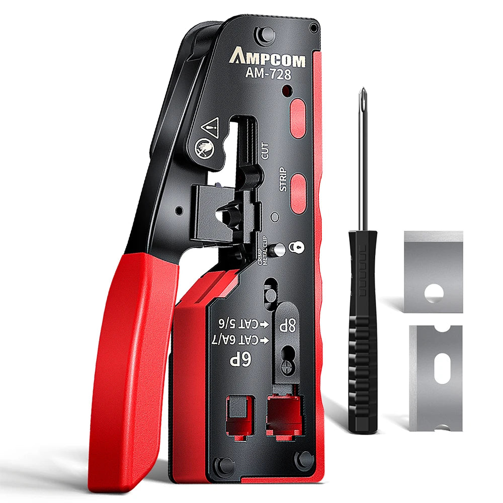 AMPCOM rj45 Crimper CAT7 Crimping Tool for Pass Through RJ11 RJ 45 Connector CAT6 CAT5E Modular Plugs With Wire Stripper Cutter