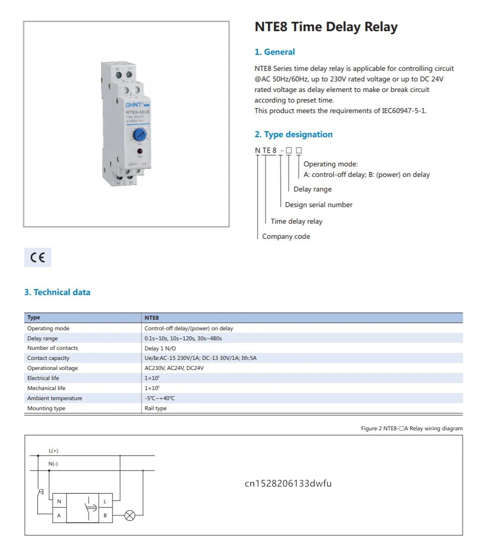 CHINT NTE8 Series Time Delay Relay Control Off Power On Delay NTE8-A NTE8-B 10S 120S 480S AC220V DC24V Din Rail Digital Timer