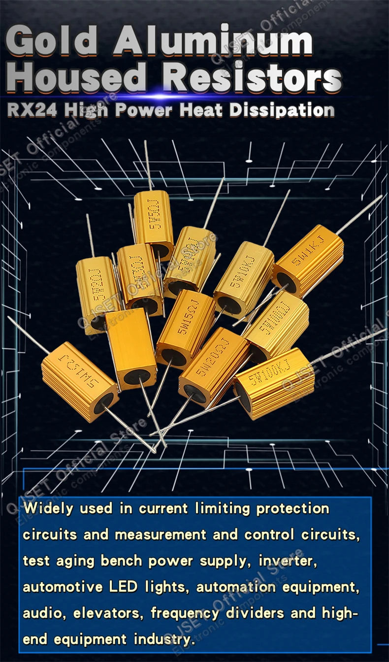1pcs Gold Aluminum Housed High Power Resistors RX24-5W 0.1R 1R 2 3 4 5 6 8 10 20 47 100 150 200 300 470 Ohm 1K Ohm 10K 100K Ohms