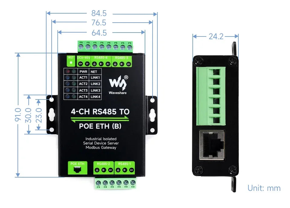 Waveshare 4 Channels RS485 Independent Operation, 4-Ch RS485 To RJ45 Ethernet Serial Server Optional PoE Function