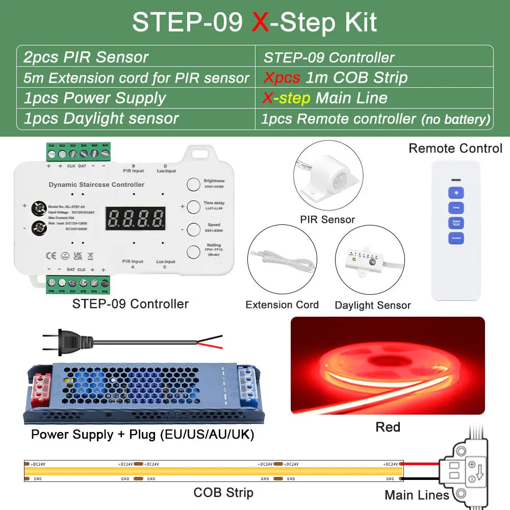 COB LED Strip PIR Motion Sensor Stair Lights Kit Step by Step Control Indoor Smart Staircase Lighting Controller with Main Line