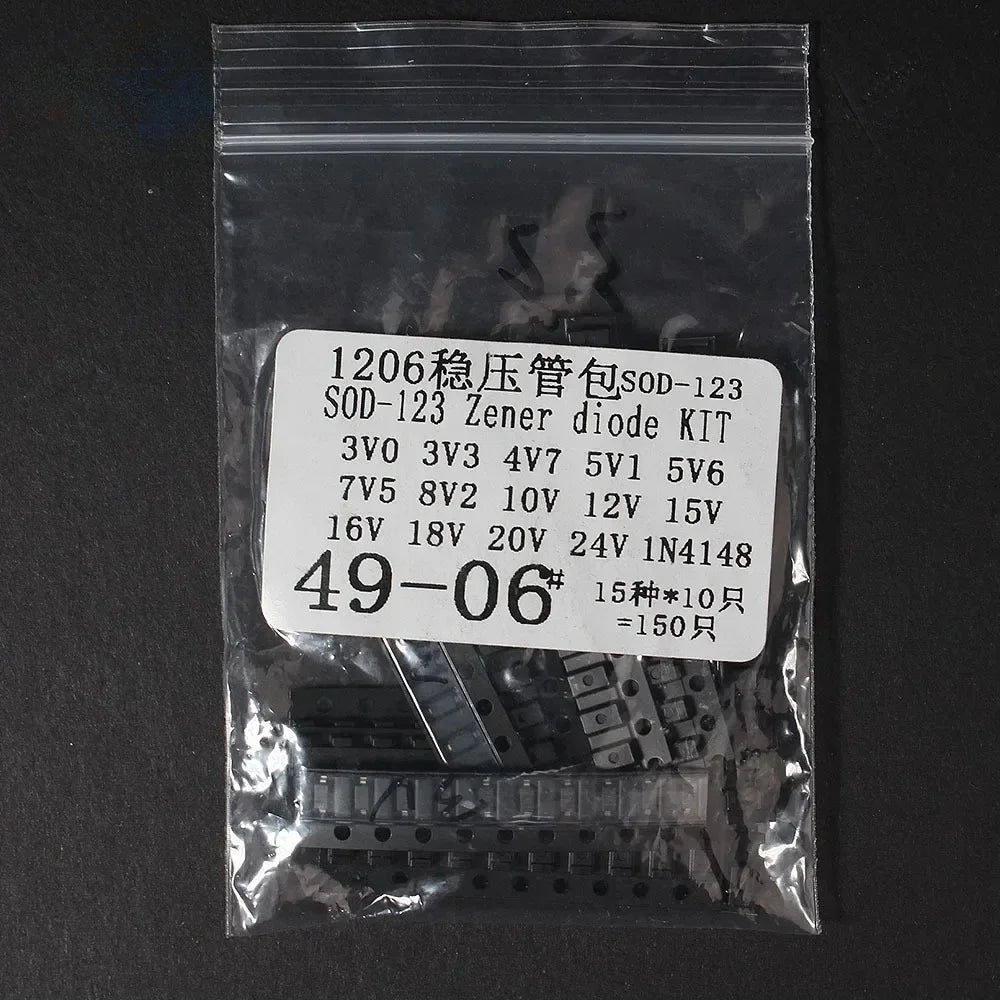 0805 1206 Zener Diode Sample Kit 15 Values 10pcs SOD-323 SOD-123 3V-24V Diodes 1N4148 3.3V 4.7V 5.1V 5.6V 7.5V 8.2V 10V 12V 15V