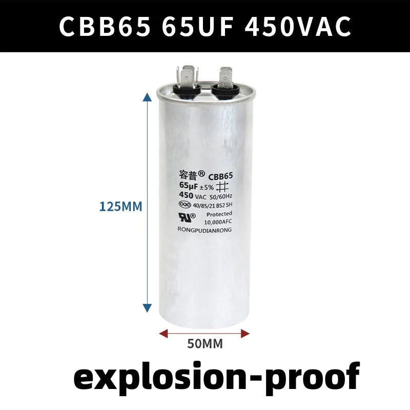 CBB65 450V Motor Capacitor Air Conditioner Compressor Start Capacitor 5uF 6uF 20uF 25uF 30uF 35uF 40uF 45uF 50uF 60uF 70uF