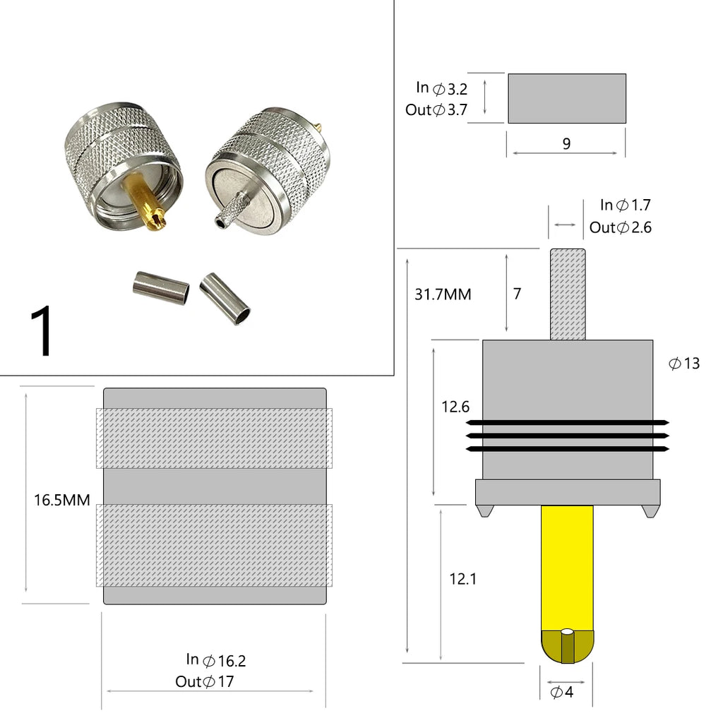 1-4PC UHF Male Female Plug Jack PL259 SO239 RF Coax Connector Crimp RG316 RG174 RG58 RG142 Copper Nickelplated With Drawing