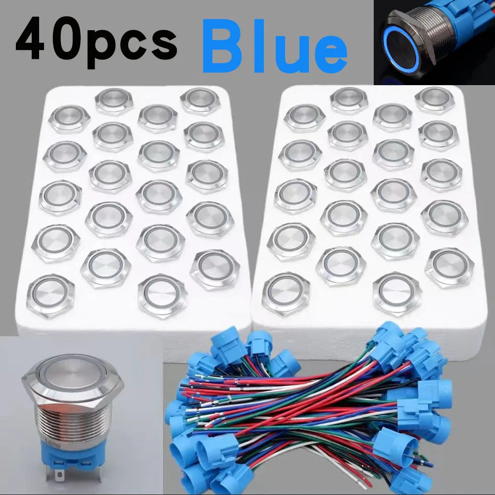 40pcs 22mm Push Button Switch Latching Momentary Metal PC Power LED Light On Off with Wire Waterproof 12v 3v 5v 6v 24v 220v Red