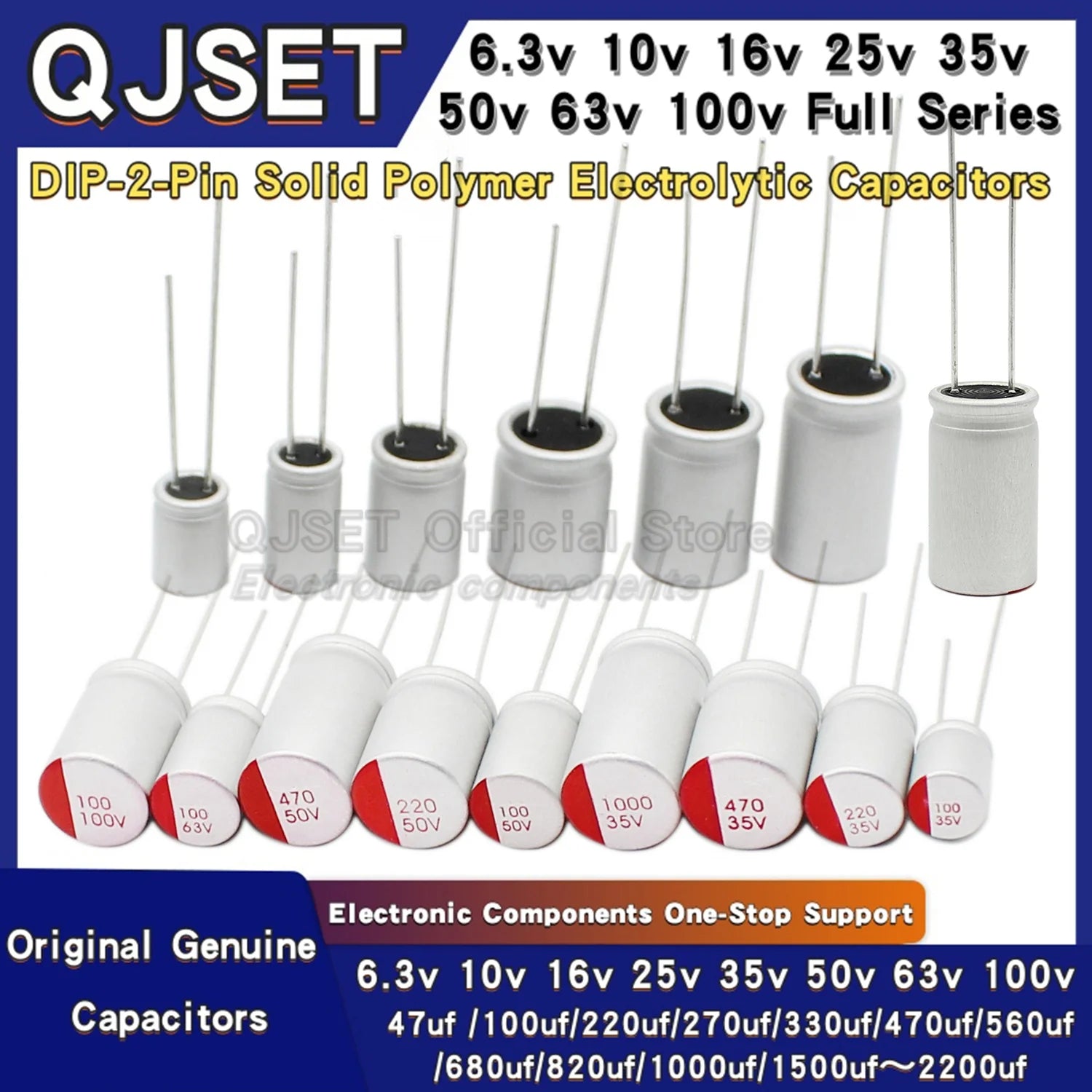 10pcs DIP Solid Capacitors 6.3V 10V 16V 25V 35V 50V 63V 100V 47μF 100μF/220/470/560/680/1000/2200 μF Electrolytic Capacitors