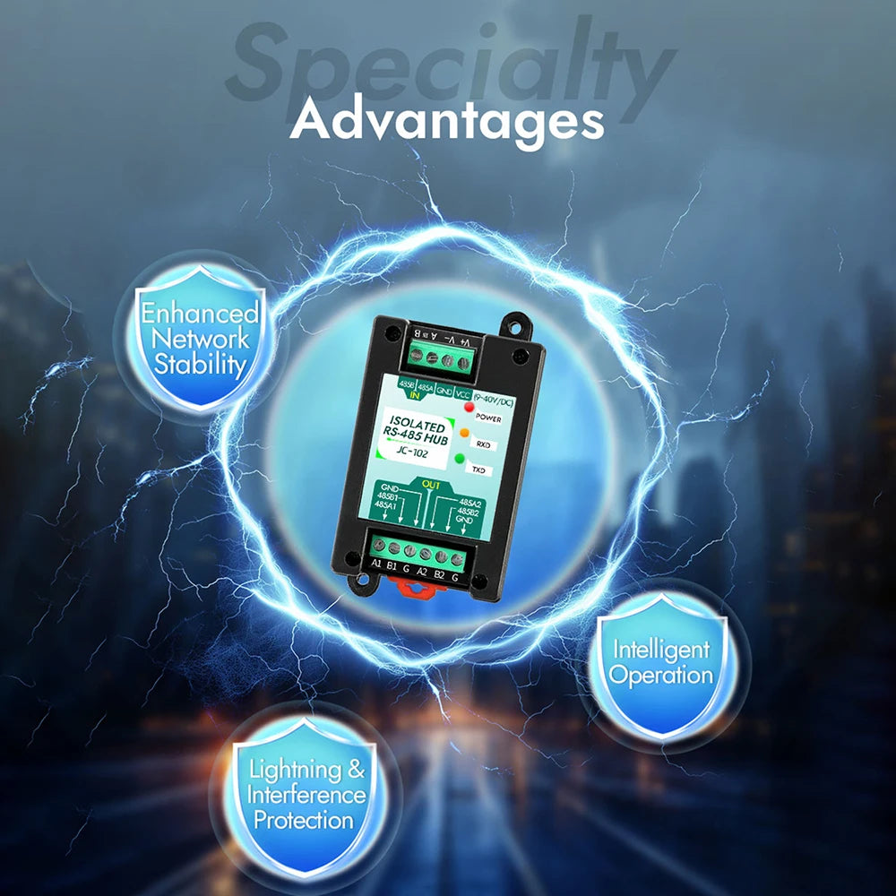 DC 9-40V RS485 2-Way Opto-Isolated Repeater Industrial-Grade 485 Hub 2-Port Anti-Interference Surge-Protected Signal Amplifier