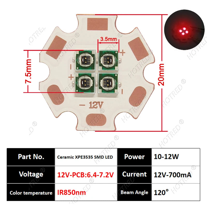 10W High Power LED Chip IR Infrared 660nm 680/730/760/810/850nm 12W 3535 Bead 2V 4V 8V 700/1400/2800mA For Night Vision Security