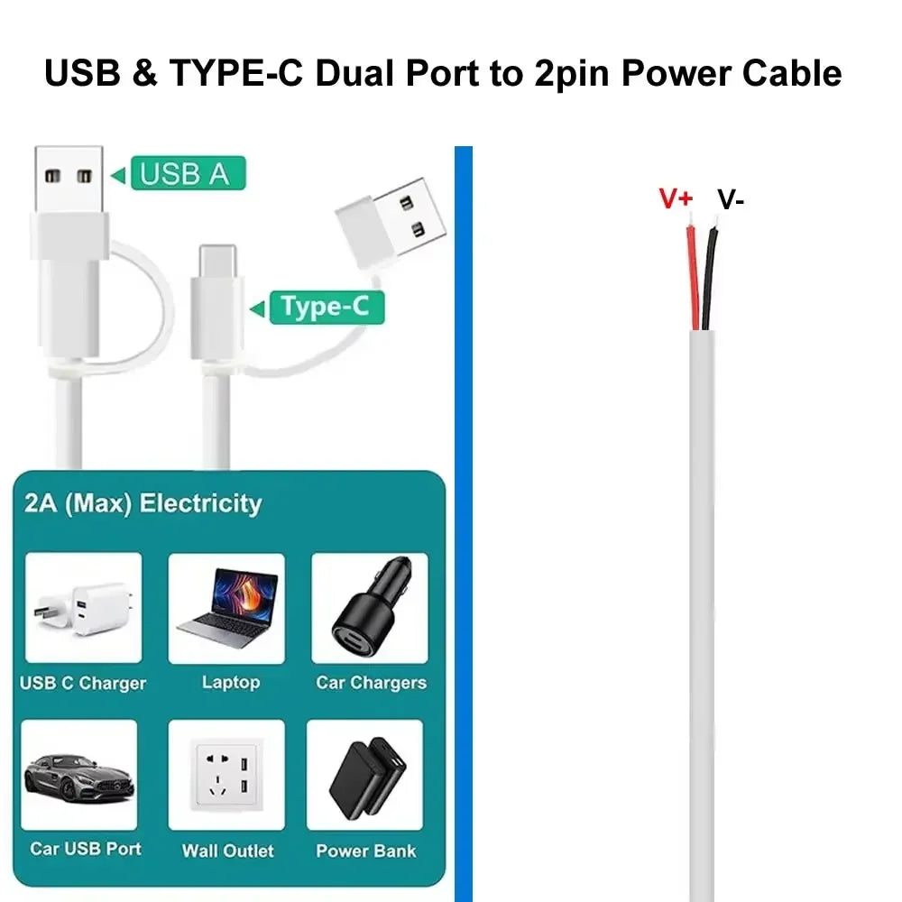 DIY USB C to 2 Pin Bare Wire Open End Power Cable, 5V USB Type C Male Plug 2 Pin Pigtail Cable, for Type C Replacement or Repair