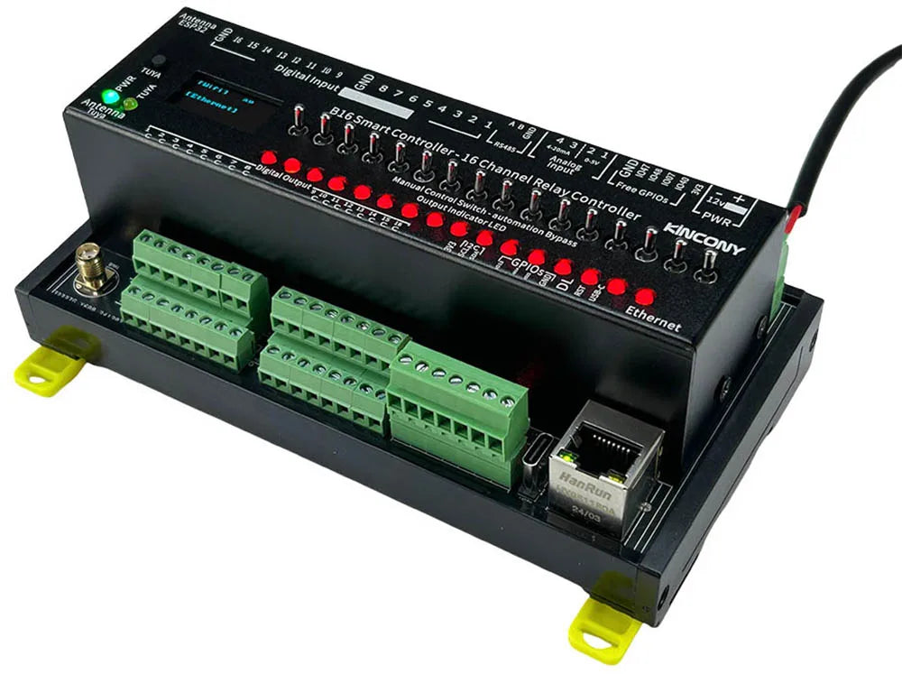 Kincony B16 ESP32-S3 Smart Controller 16CH Relay Output 7CH 1-Wire GPIOs 4CH ADS1115 Analog Input ESPHome Tasmota Tuya SD Card