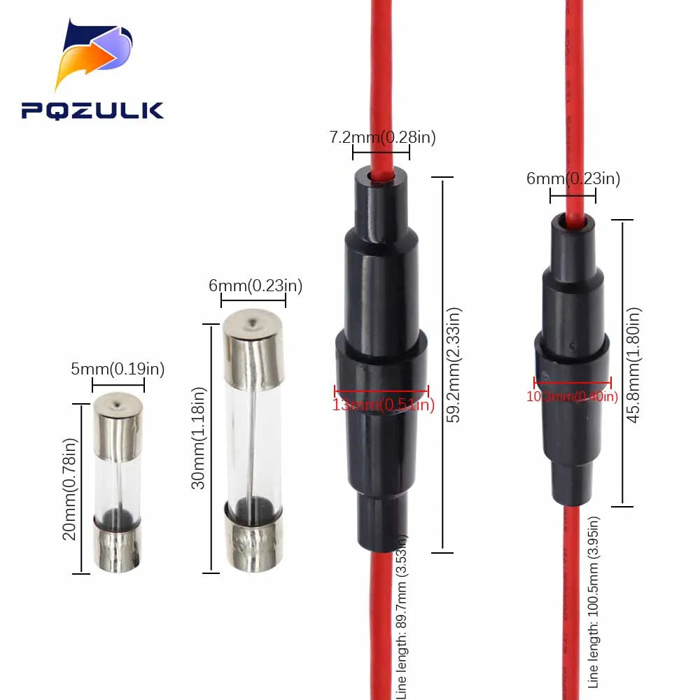 5*20MM 6*30mm Glass Tube Fuse Holder Screw Type Quick Blow 5X20MM Fuses with 22 20 18 16 14AWG Wire 250V for Car