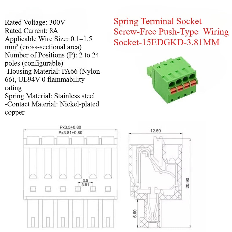 5pcs 15EDGKD 3.81MM Spring Pressed Wiring Terminal  Spring Plug 2-24P Screw-free Plug PCB Board Socket Phoenix Connector