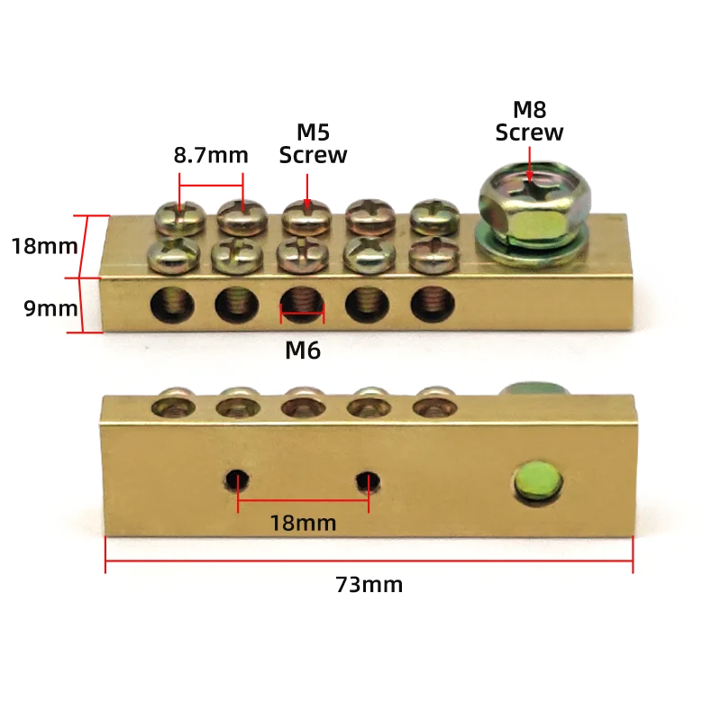 Terminal Block 10*18mm 8/10/12/16/20/24/30/40/50 Way One In Multiple Out High Current Double Neutral Ground Connector Brass Bar