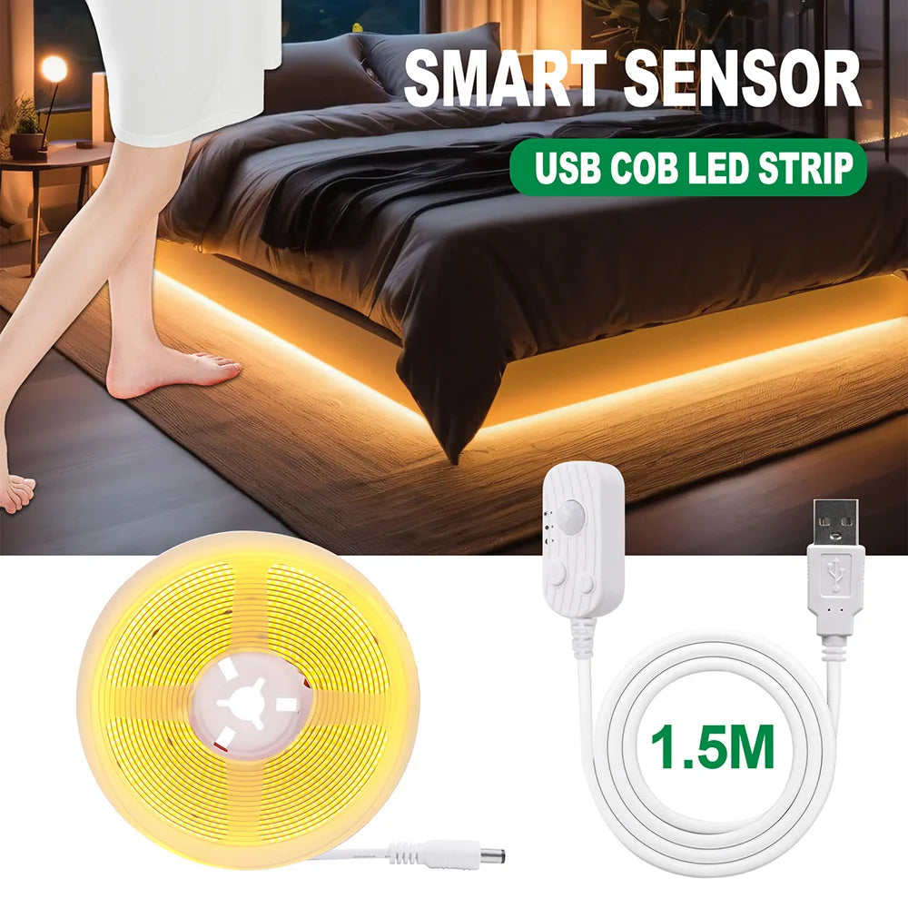 IP68 Waterproof COB Led Strip Light Motion Sensor 5V Battery USB Powered Auto ON/OFF Cabinet Kitchen Staircase Liner Lighting